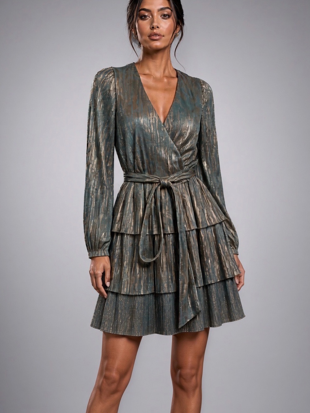 Metallic Olive Wrap Tiered Long-Sleeve Dress
